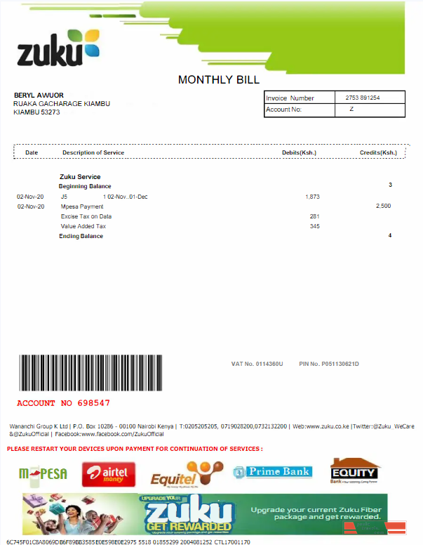 KENYA ZUKU utility bill Word and PDF template